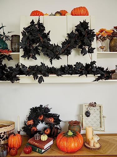 Black Artificial Maple Leaf Garland - 6PCS 5.6Ft Halloween Decor, Gothic Fall Vines for Front Porch, alternate view 2