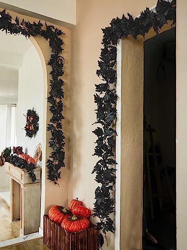 Black Artificial Maple Leaf Garland - 6PCS 5.6Ft Halloween Decor, Gothic Fall Vines for Front Porch, alternate view 6