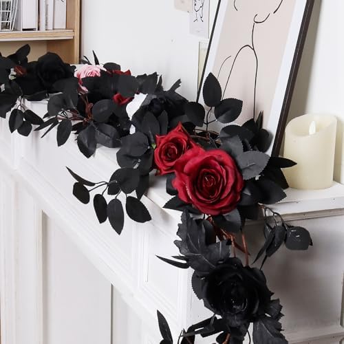 Black Artificial Roses Garland,5.9 FT Fake Halloween Garlands, alternate view 3