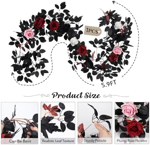 Black Artificial Roses Garland,5.9 FT Fake Halloween Garlands, alternate view 4