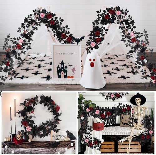 Black Artificial Roses Garland,5.9 FT Fake Halloween Garlands, alternate view 6