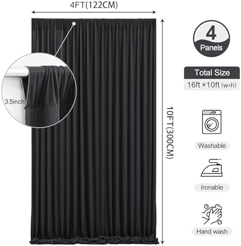 Black Backdrop Curtains 16 x 10ft for Photo Background Wrinkle Free Drapes in W4' x H10'(4 panels) in Black, alternate view 4