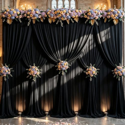Black Backdrop Curtains 32 x 10ft for Photo Background Wrinkle Free Drapes in W4' x H10'(8 panels) in Black
