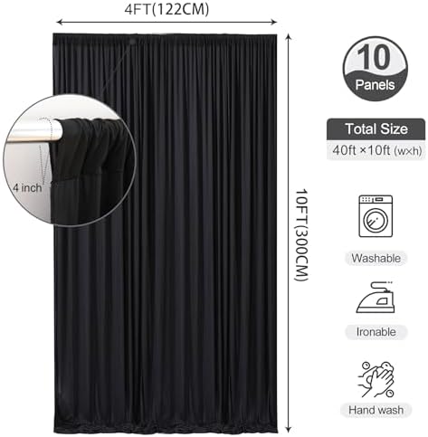 Black Backdrop Curtains 40 x 10ft for Photo Background Wrinkle Free Drapes in W4' x H10'(10 panels) in Black, alternate view