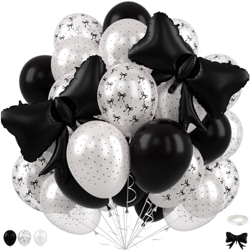 Black Bow Balloons, 12 Inch Black White Balloons With Bow Foil Balloon