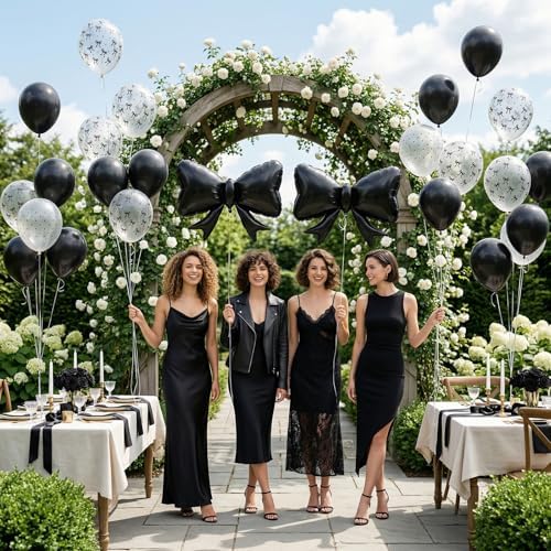 Black Bow Balloons, 12 Inch Black White Balloons With Bow Foil Balloon, alternate view 2