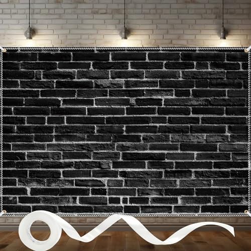 Black Brick Wall Backdrop 10x6.5ft Vintage Rustic Wall Photography Backdrops with 32.8ft Ribbion for Birthday