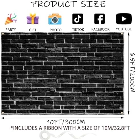 Black Brick Wall Backdrop 10x6.5ft Vintage Rustic Wall Photography Backdrops with 32.8ft Ribbion for Birthday, alternate view