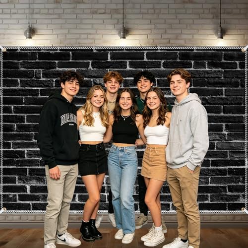 Black Brick Wall Backdrop 10x6.5ft Vintage Rustic Wall Photography Backdrops with 32.8ft Ribbion for Birthday, alternate view