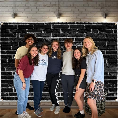 Black Brick Wall Backdrop 10x6.5ft Vintage Rustic Wall Photography Backdrops with 32.8ft Ribbion for Birthday, alternate view