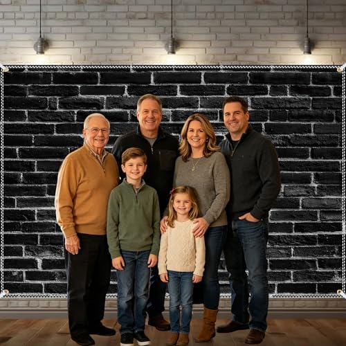 Black Brick Wall Backdrop 10x6.5ft Vintage Rustic Wall Photography Backdrops with 32.8ft Ribbion for Birthday, alternate view