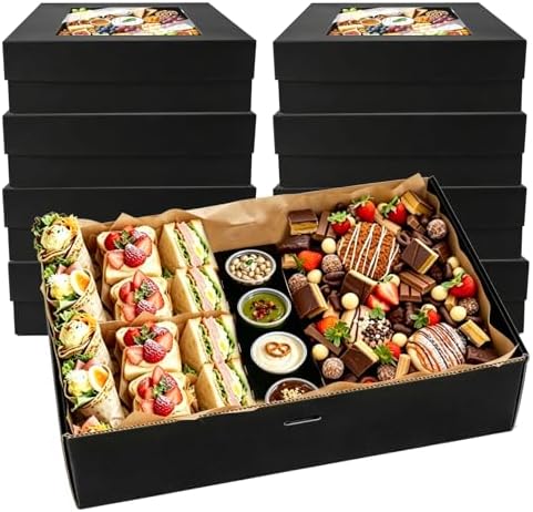 Black Cardboard Grazing Box, 8 PCS Outdoor Platter Serving Box w/Clear Lid for 5-8 People To Go, Stably Filled