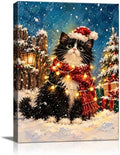 Black Cat Christmas Canvas Wall Art, Tuxedo Cat Santa Hat Canvas Prints