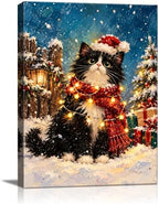 Black Cat Christmas Canvas Wall Art, Tuxedo Cat Santa Hat Canvas Prints