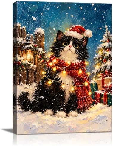 Black Cat Christmas Canvas Wall Art, Tuxedo Cat Santa Hat Canvas Prints