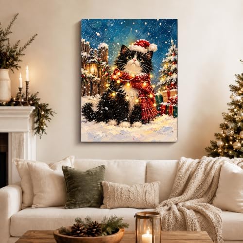 Black Cat Christmas Canvas Wall Art, Tuxedo Cat Santa Hat Canvas Prints, alternate view 2