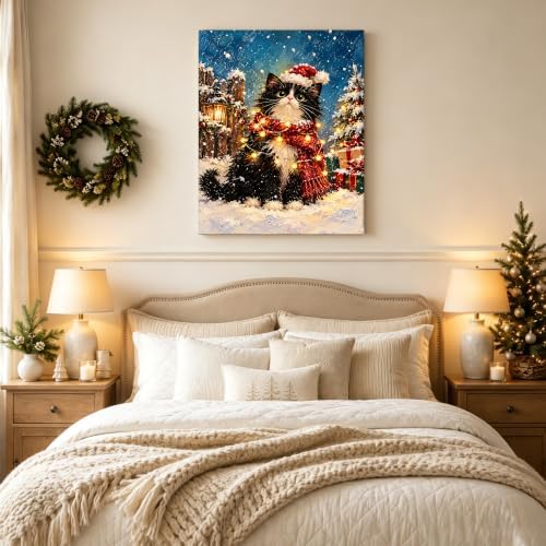 Black Cat Christmas Canvas Wall Art, Tuxedo Cat Santa Hat Canvas Prints, alternate view 3