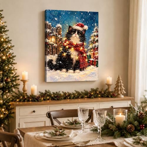 Black Cat Christmas Canvas Wall Art, Tuxedo Cat Santa Hat Canvas Prints, alternate view 4