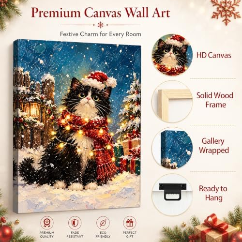 Black Cat Christmas Canvas Wall Art, Tuxedo Cat Santa Hat Canvas Prints, alternate view 5