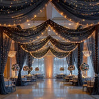 Black Ceiling Drapes with Lights String for Weddings, 6 Panels 5ftx10ft Sheer Tulle Backdrop Photo Background