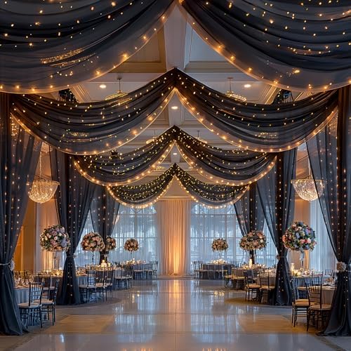 Black Ceiling Drapes with Lights String for Weddings, 6 Panels 5ftx10ft Sheer Tulle Backdrop Photo Background