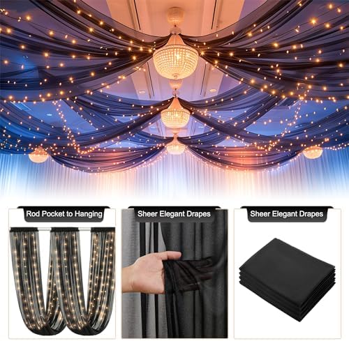 Black Ceiling Drapes with Lights String for Weddings, 6 Panels 5ftx10ft Sheer Tulle Backdrop Photo Background, alternate view