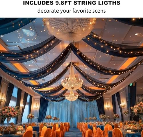 Black Ceiling Drapes with Lights String for Weddings, 6 Panels 5ftx10ft Sheer Tulle Backdrop Photo Background, alternate view