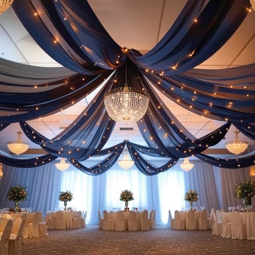 Black Ceiling Drapes with Lights String for Weddings, 6 Panels 5ftx10ft Sheer Tulle Backdrop Photo Background, alternate view