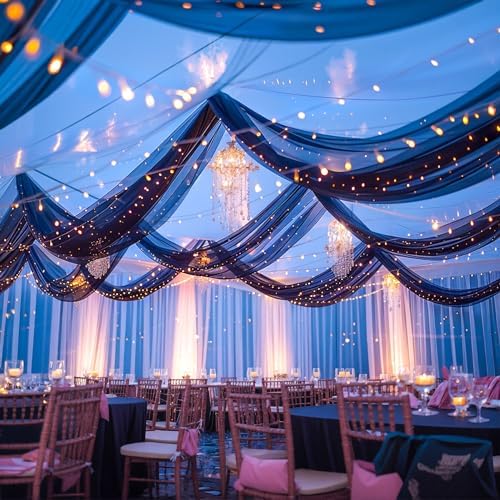 Black Ceiling Drapes with Lights String for Weddings, 6 Panels 5ftx30ft Sheer Tulle Backdrop Photo Background