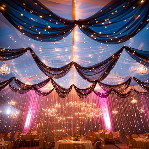 Black Ceiling Drapes with Lights String for Weddings, 6 Panels 5ftx30ft Sheer Tulle Backdrop Photo Background, alternate view