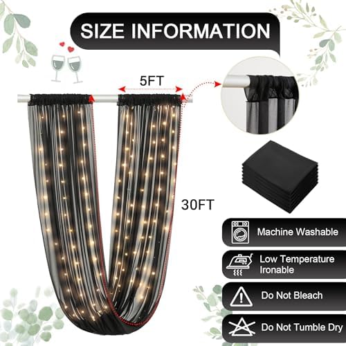 Black Ceiling Drapes with Lights String for Weddings, 6 Panels 5ftx30ft Sheer Tulle Backdrop Photo Background, alternate view