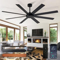 Black Ceiling Fan without Light: 66 Inch Indoor/Outdoor Fan Reversible DC Motor 6 Speed - Dual 8 Blades Large