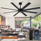 Black Ceiling Fan without Light: 72 Inch Indoor/Outdoor Fan Reversible DC Motor 6 Speed - Dual 8 Blades Large