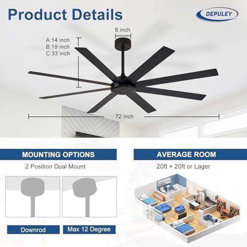 Black Ceiling Fan without Light: 72 Inch Indoor/Outdoor Fan Reversible DC Motor 6 Speed - Dual 8 Blades Large, alternate view
