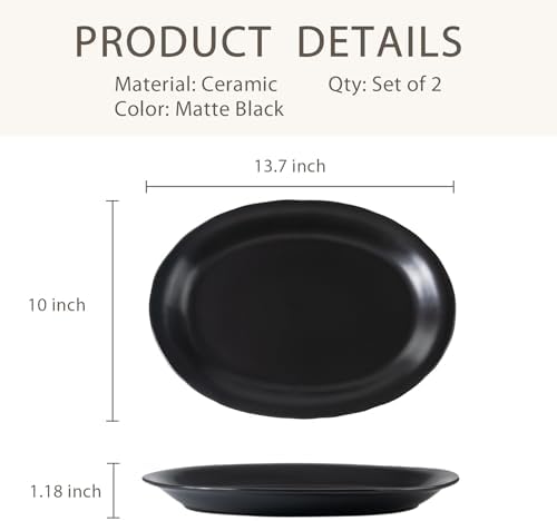 Black Ceramic Plates, 13.7" Serving Platter, Oval Dinner Plates, Set of 2 in Large in Matte Black, alternate view 3