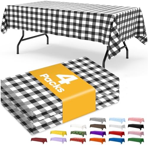 Black Checkered Plastic Table Cloth Disposable, 4 Pack, 54 x 108 in