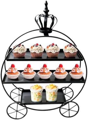 Black Crown Pumpkin Cart 3 Tier Dessert Stand, Wrought Iron Cake Display Tray for Wedding Birthday Afternoon Tea