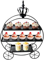 Black Crown Pumpkin Cart 3 Tier Dessert Stand, Wrought Iron Cake Display Tray for Wedding Birthday Afternoon Tea