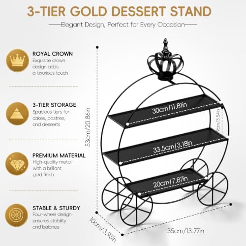 Black Crown Pumpkin Cart 3 Tier Dessert Stand, Wrought Iron Cake Display Tray for Wedding Birthday Afternoon Tea, alternate