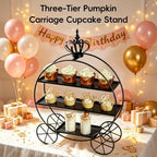 Black Crown Pumpkin Cart 3 Tier Dessert Stand, Wrought Iron Cake Display Tray for Wedding Birthday Afternoon Tea, alternate
