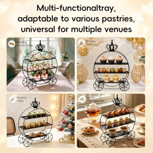 Black Crown Pumpkin Cart 3 Tier Dessert Stand, Wrought Iron Cake Display Tray for Wedding Birthday Afternoon Tea, alternate