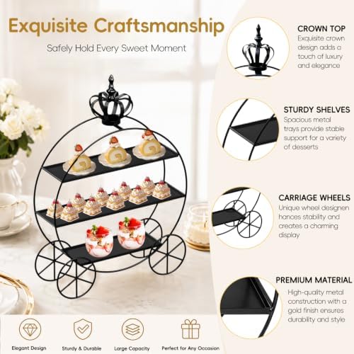 Black Crown Pumpkin Cart 3 Tier Dessert Stand, Wrought Iron Cake Display Tray for Wedding Birthday Afternoon Tea, alternate