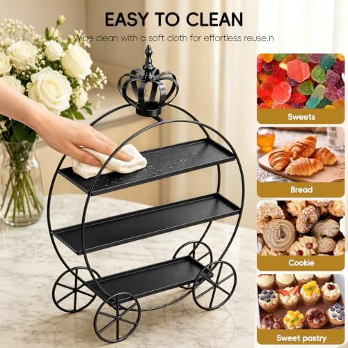 Black Crown Pumpkin Cart 3 Tier Dessert Stand, Wrought Iron Cake Display Tray for Wedding Birthday Afternoon Tea, alternate