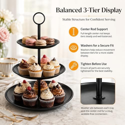 Black Cupcake Stand 3 Tier, Stainless Steel Tiered Dessert Stand for Wedding, Birthday, Tea Party, Holiday, alternate view 6