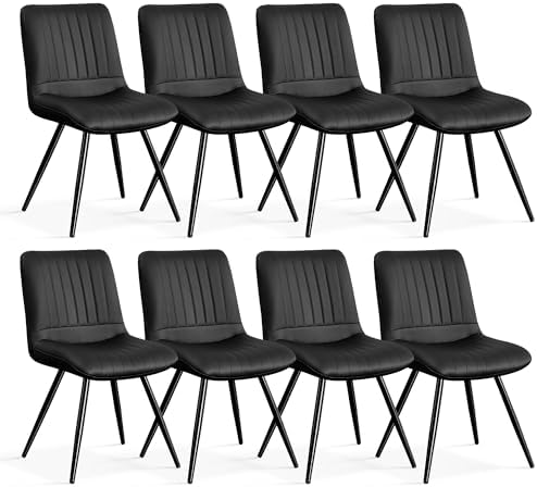 Black Dining Chairs Set of 8, Modern Dining Chairs with Thick Cushions, PU Leather Upholstered Kitchen Dining