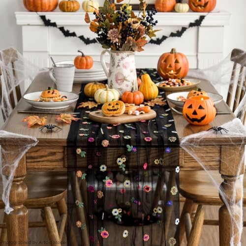 Black Embroidery Daisy Gauze Table Runner 120 Inch 10FT in 28" x 120" in Black, alternate view 2