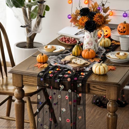 Black Embroidery Daisy Gauze Table Runner 120 Inch 10FT in 28" x 120" in Black, alternate view 3