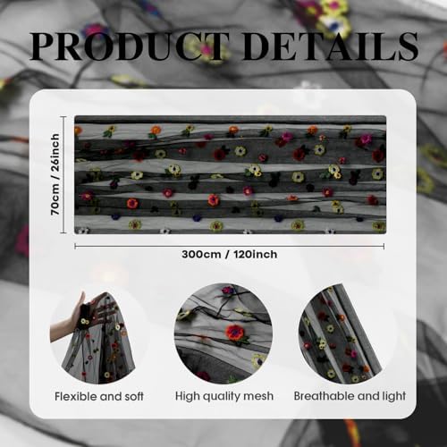 Black Embroidery Daisy Gauze Table Runner 120 Inch 10FT in 28" x 120" in Black, alternate view 5