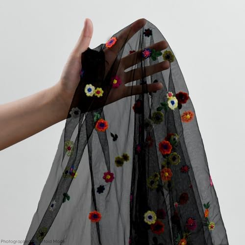 Black Embroidery Daisy Gauze Table Runner 120 Inch 10FT in 28" x 120" in Black, alternate view 6