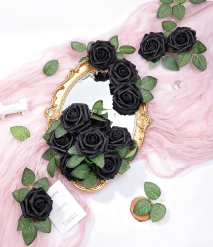 Black Foam Roses 25pcs Artificial Flowers with Stems Home Decor in Black, alternate view 3